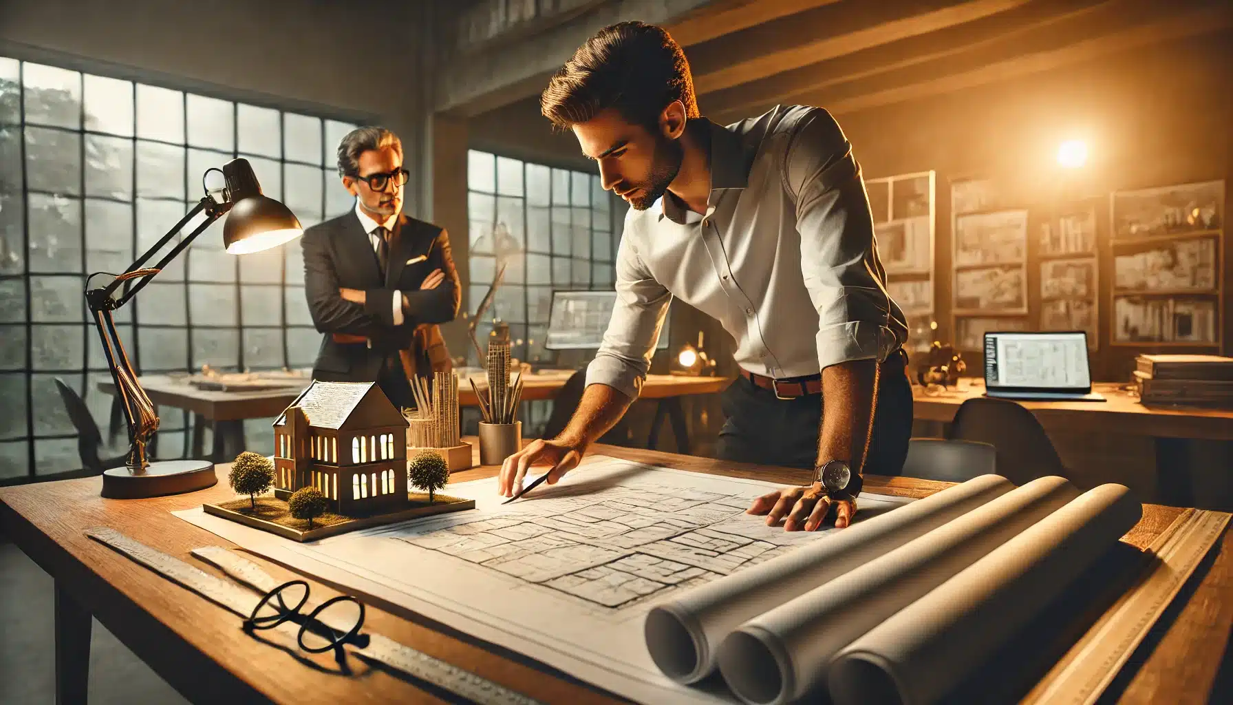 skilled architect analyzing blueprints at a work desk,