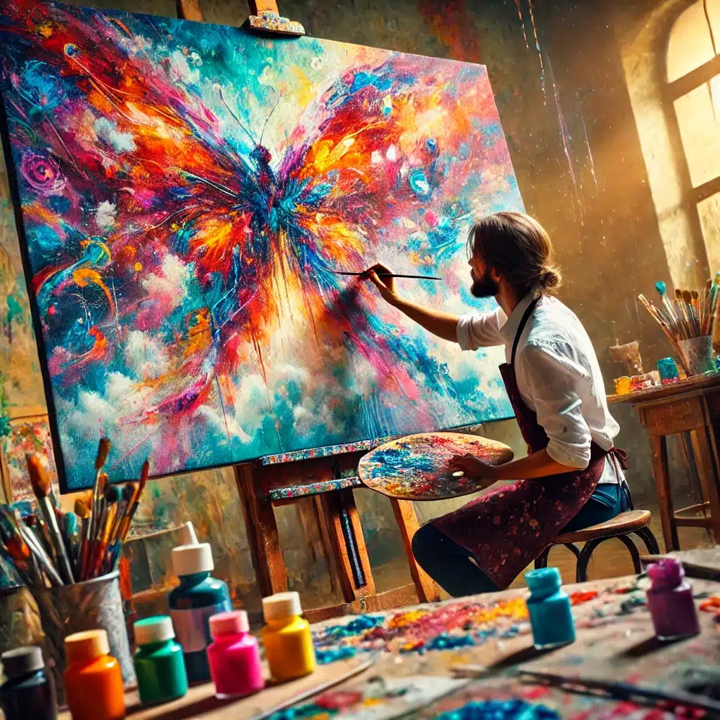 creative artist painting on a large canvas, immersed in bright, vivid colors.